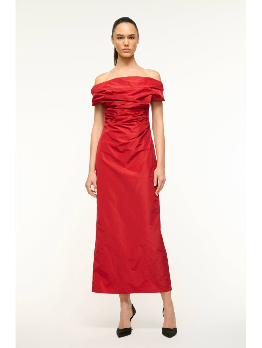 NWT $600 STAUD Andrea Dress Rouge Red Off‑Shoulder Taffeta Midi Gown Dress 2/XS